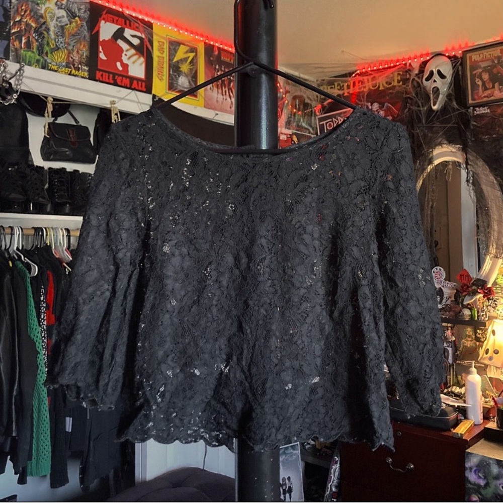 See Through Black Lace Long Sleeve Short Top